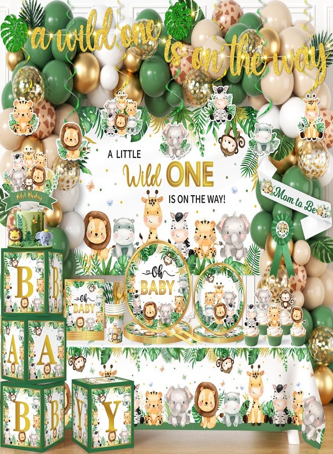 Bezkega Safari Baby Shower Decorations,262pcs Wild Birthday Decorations Jungle Baby Shower Decorations Plates and Napkin Cups Backdrop Banner Tablecloth Balloons Garland Boxes,Serves 20 - Image 1